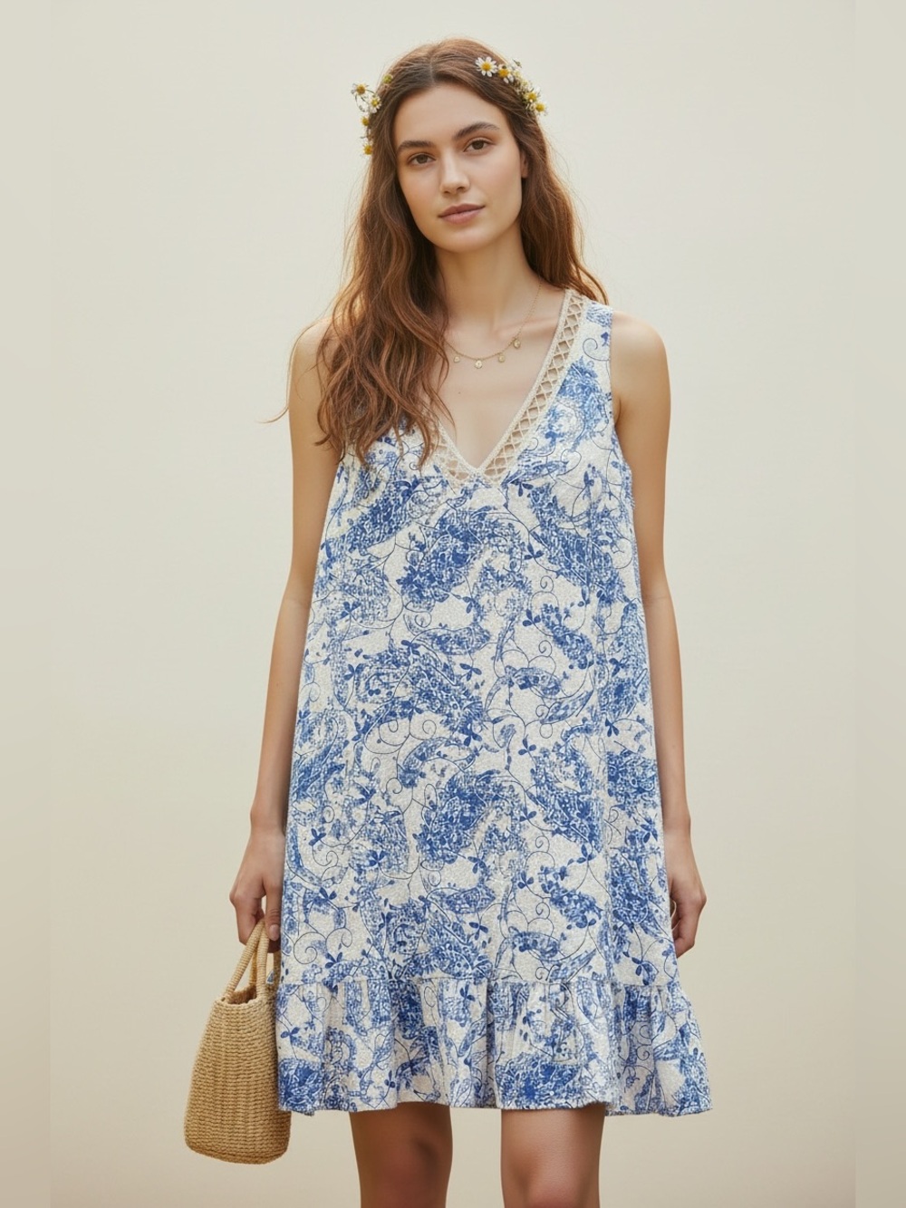 ALTAR’D STATE Blue White Toile Crochet Neckline Sundress Dress Small Cottage